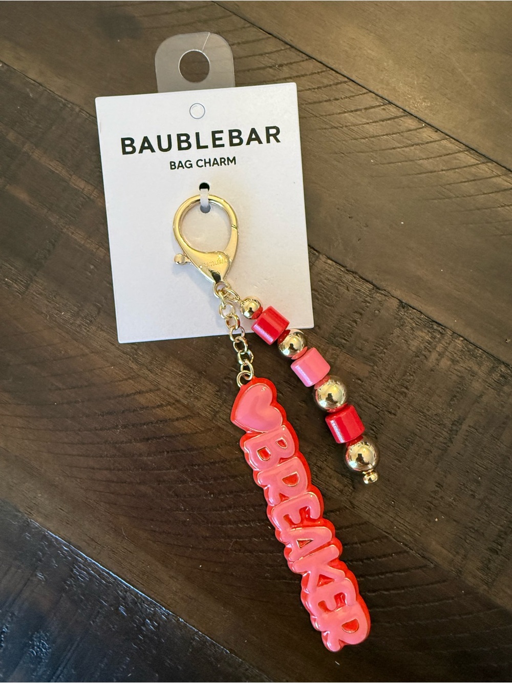 Baublebar Red and Pink Heart Breaker Bag Charm with Gold Beads